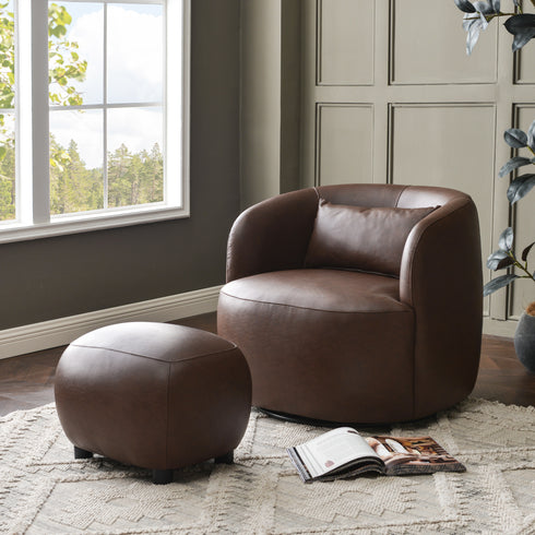 Elmer Faux Leather Ottoman – Round Brown Ottoman | Decorative Ottoman | Kinwell Furniture | Modern Faux Leather Furniture